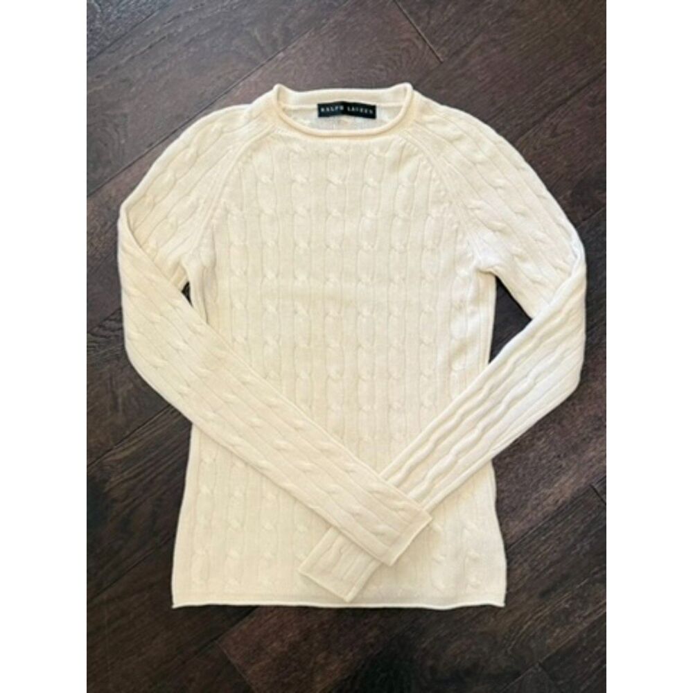 Ralph Lauren Black Label 100% Cashmere Cable Knit Sweater Cream Fits S